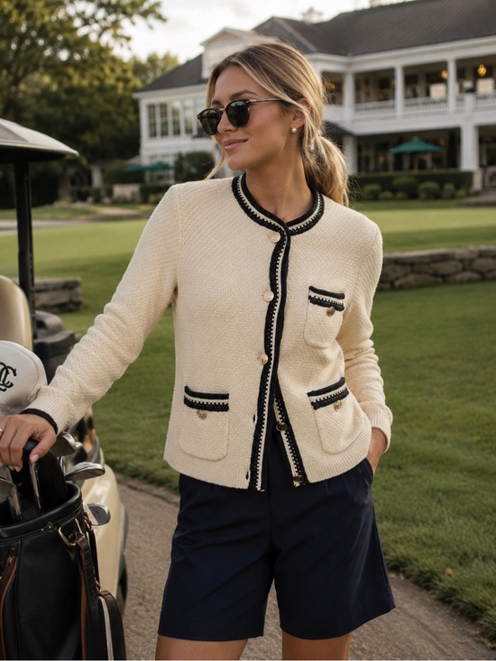 J. Crew Sweaters - J Crew Contrast-Trim Lady Jacket Cream Black Gold Buttons Size Medium